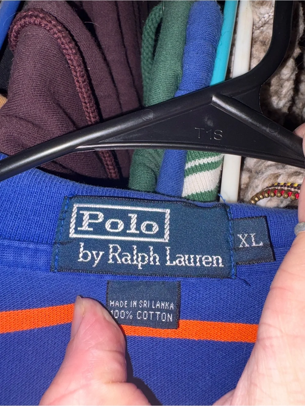 Men’s Ralph Lauren Blue Polo with Orange and White Stripes and Green Pony Logo
